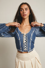 Flower Embroidered Lace Up Corset Top in Blue