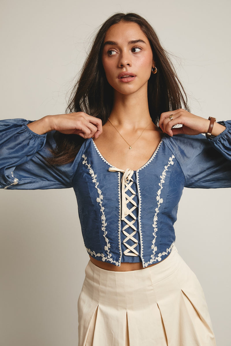 Flower Embroidered Lace Up Corset Top in Blue