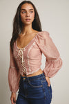 Flower Embroidered Lace Up Corset Top in Blush