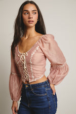Flower Embroidered Lace Up Corset Top in Blush
