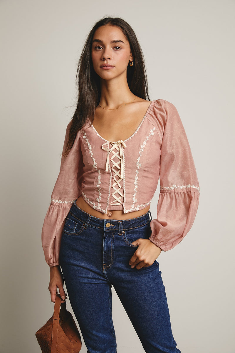 Flower Embroidered Lace Up Corset Top in Blush