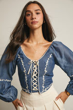 Flower Embroidered Lace Up Corset Top in Blue