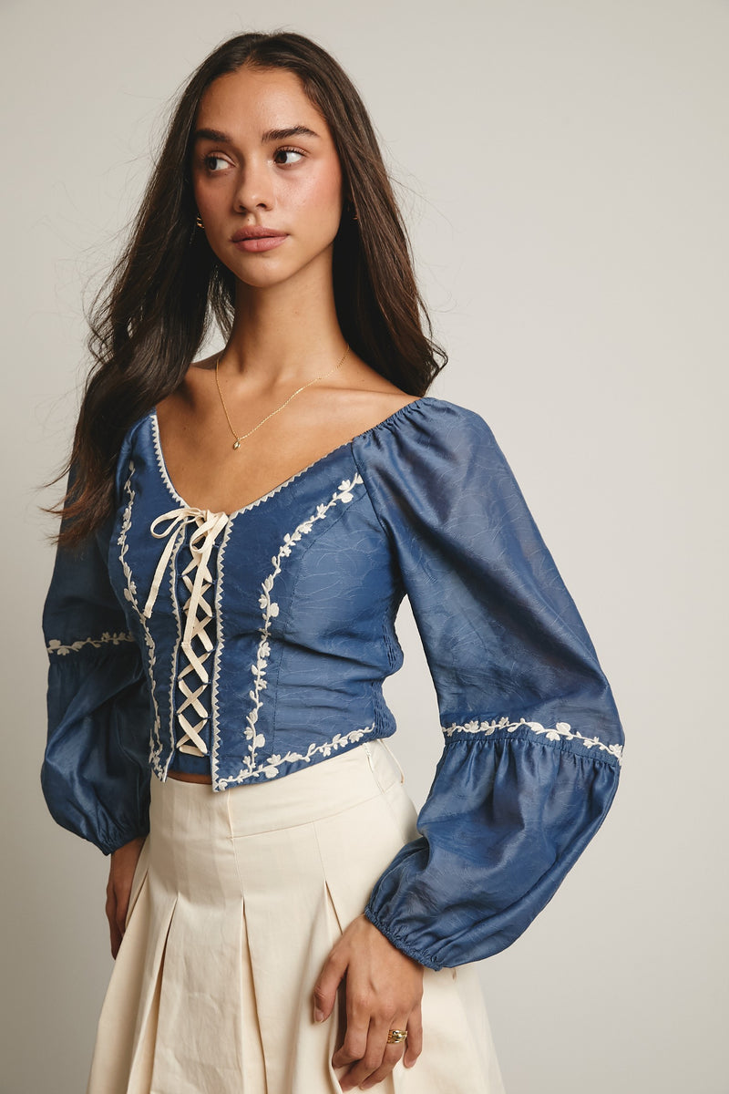 Flower Embroidered Lace Up Corset Top in Blue