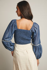 Flower Embroidered Lace Up Corset Top in Blue
