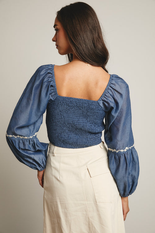 Flower Embroidered Lace Up Corset Top in Blue