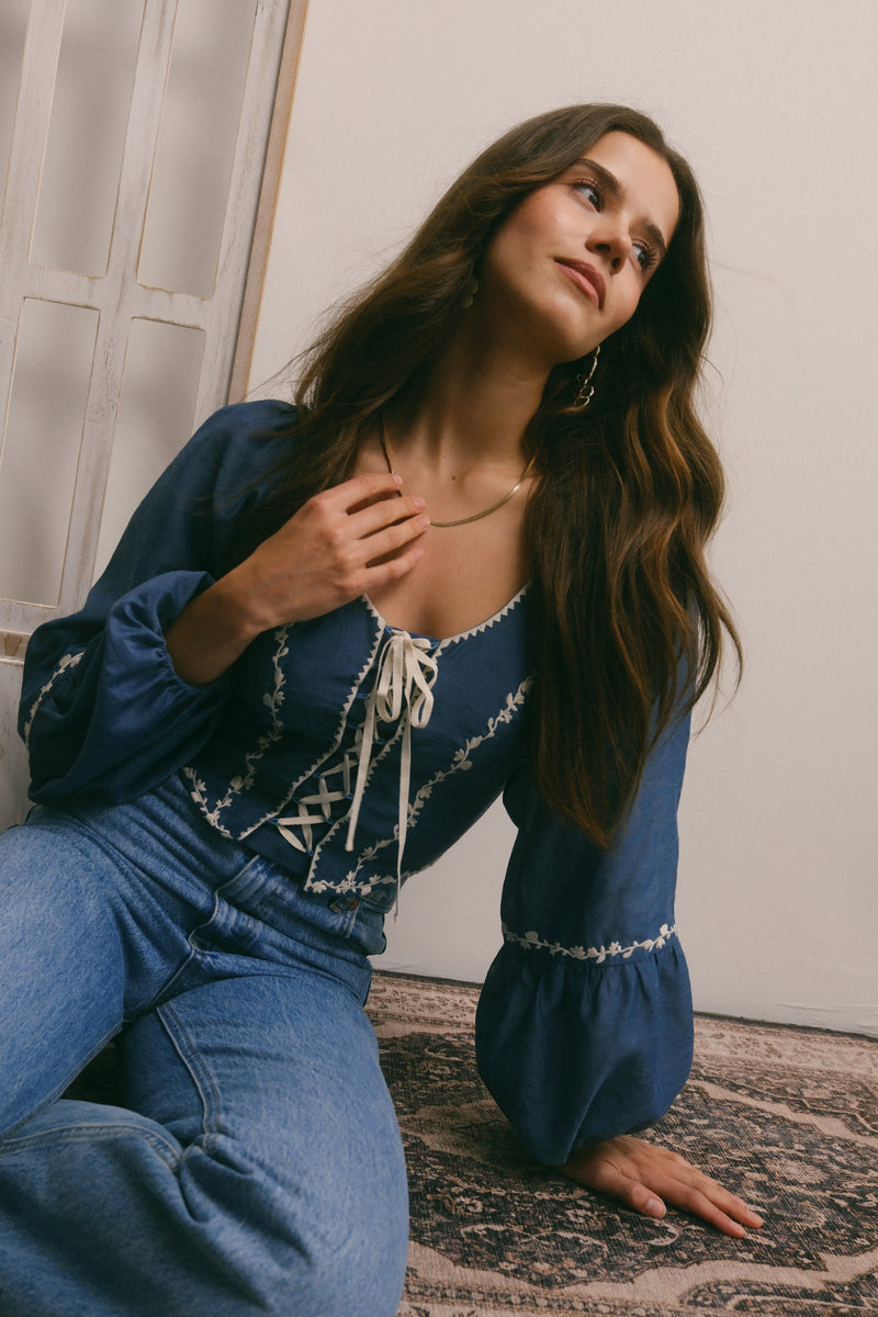 Flower Embroidered Lace Up Corset Top in Blue