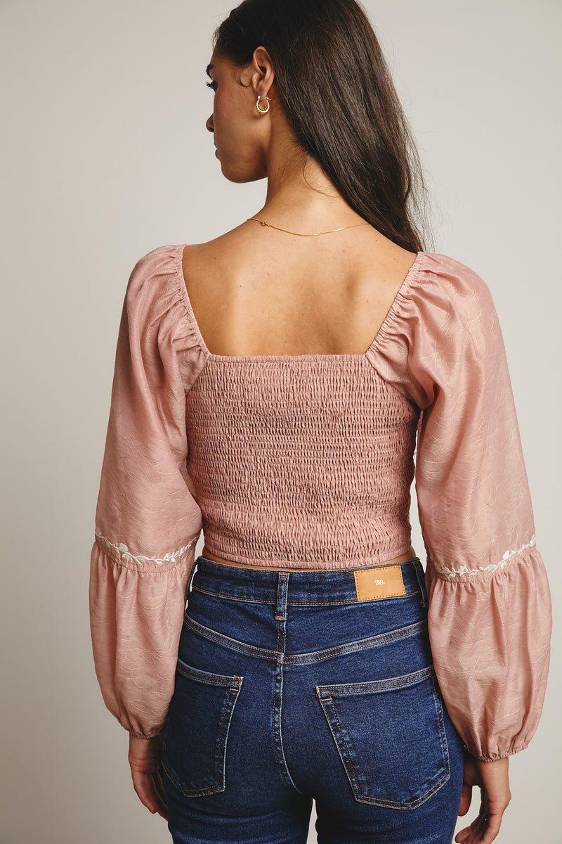 Flower Embroidered Lace Up Corset Top in Blush