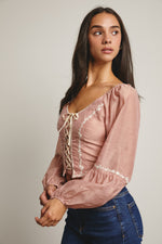 Flower Embroidered Lace Up Corset Top in Blush