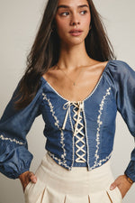 Flower Embroidered Lace Up Corset Top in Blue