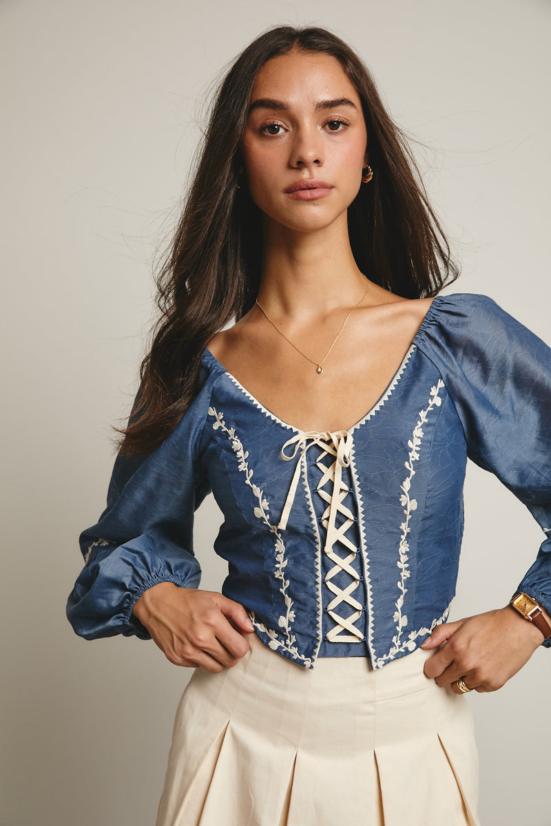 Flower Embroidered Lace Up Corset Top in Blue
