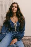 Flower Embroidered Lace Up Corset Top in Blue
