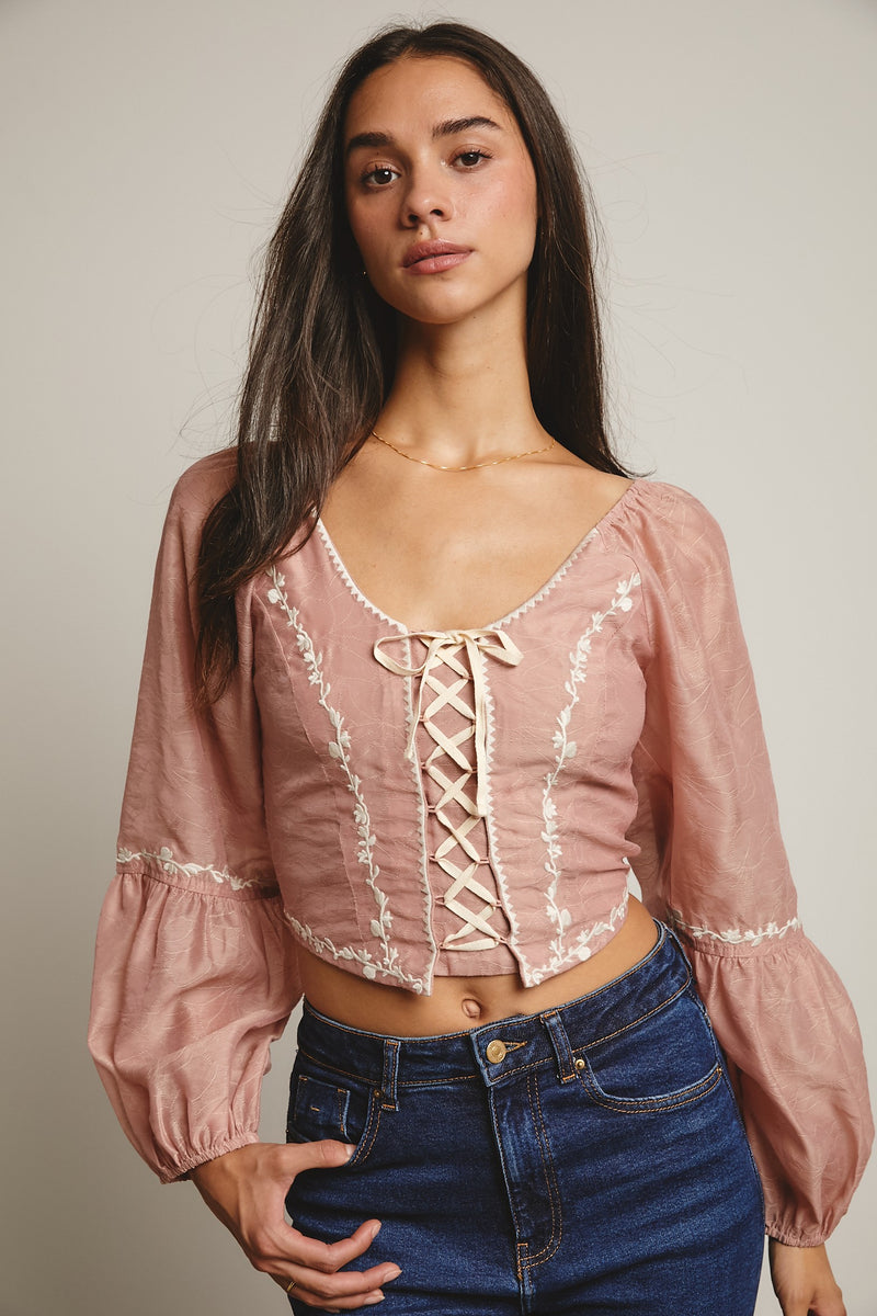 Flower Embroidered Lace Up Corset Top in Blush