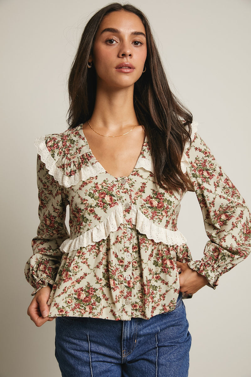 Light Sage Floral Peplum Top