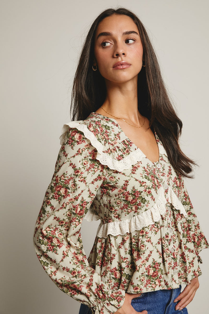 Light Sage Floral Peplum Top