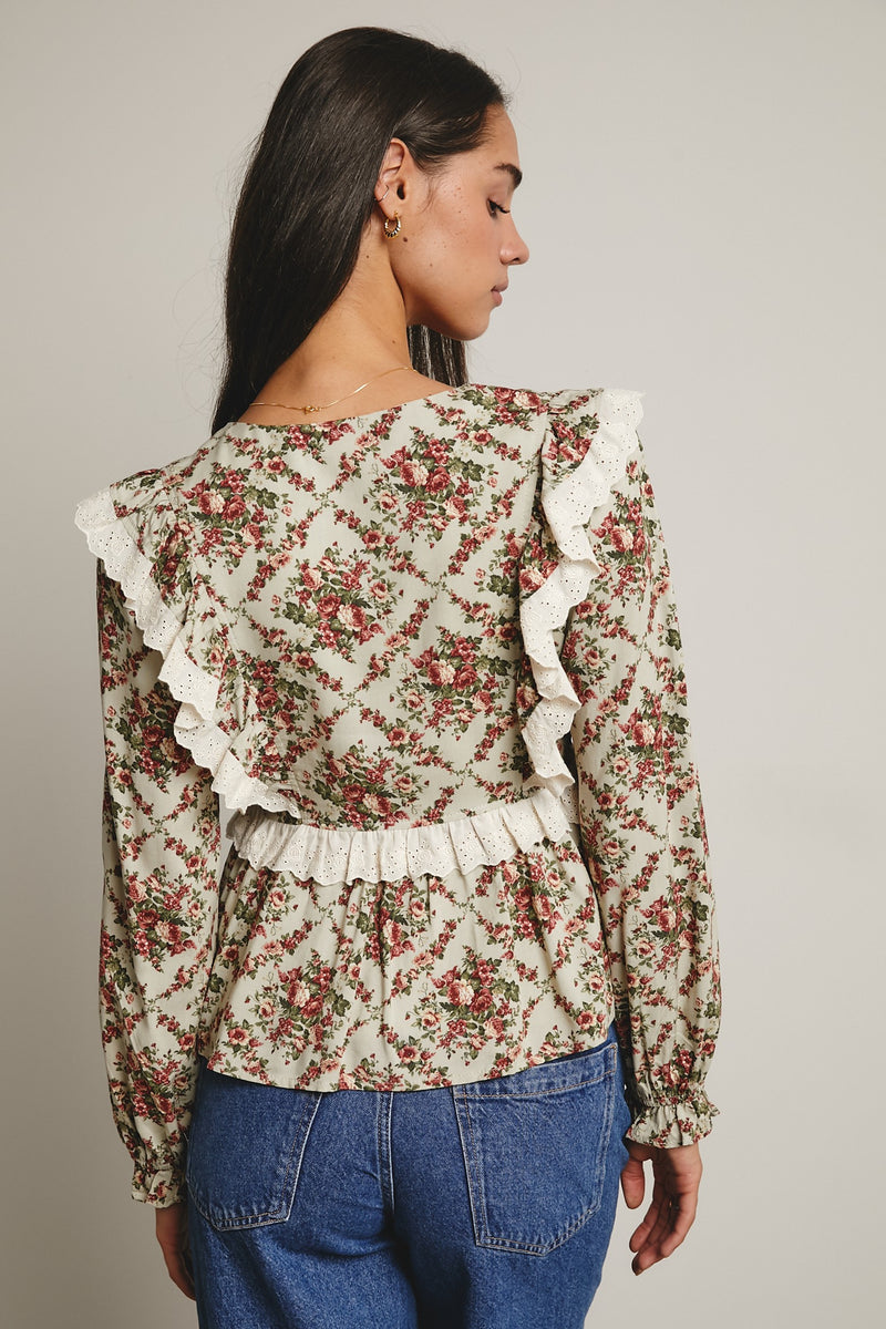 Light Sage Floral Peplum Top