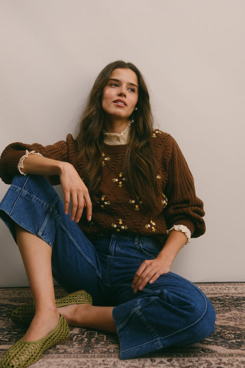 Mocha Tiny Floral Embroidered Sweater