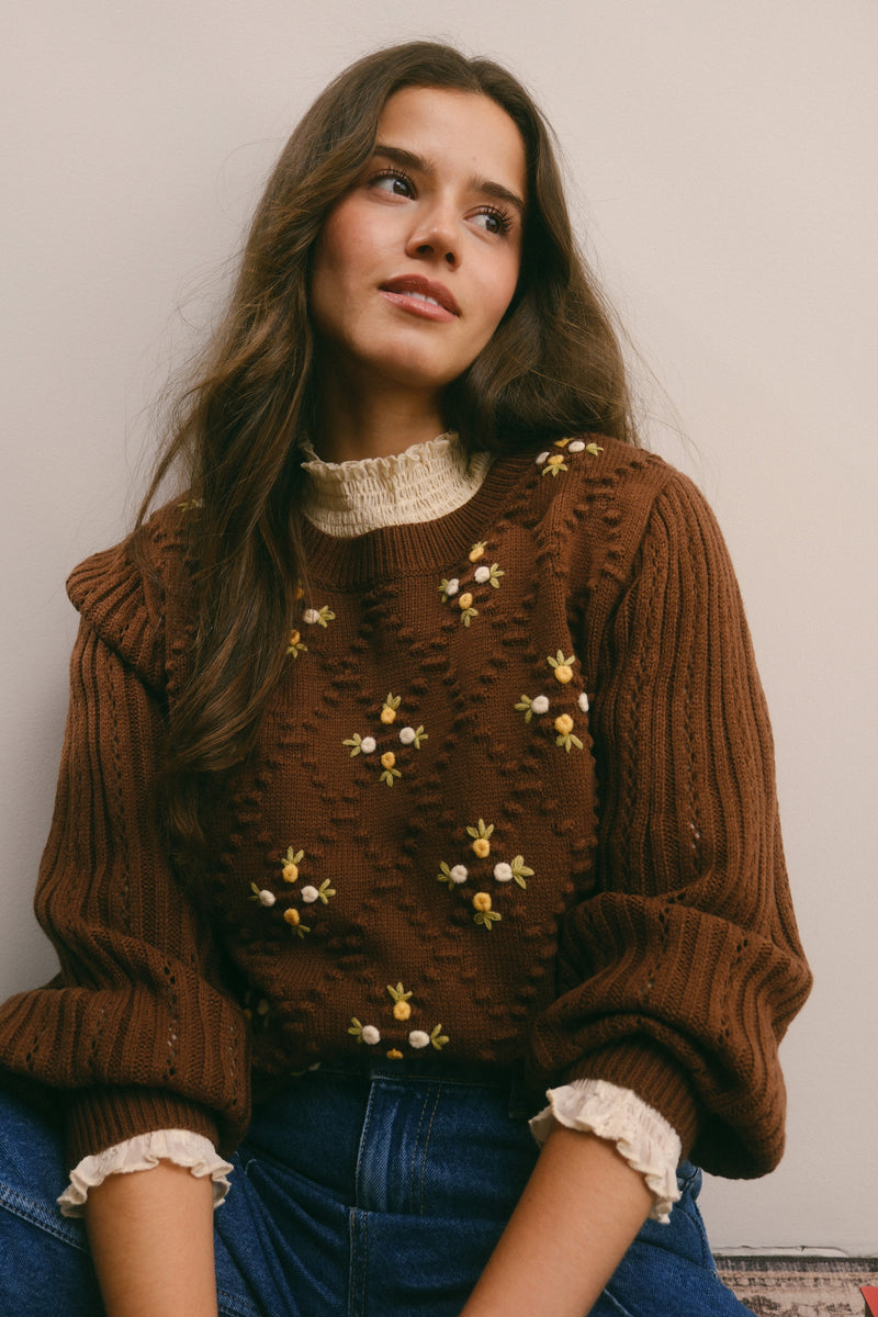Mocha Tiny Floral Embroidered Sweater