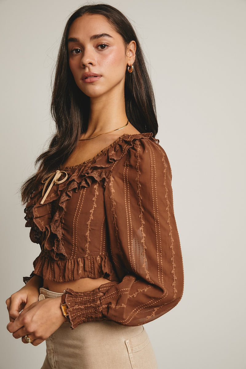 Lace Up Smocked Top in Mocha