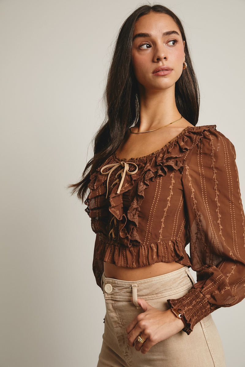 Lace Up Smocked Top in Mocha