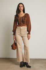 Lace Up Smocked Top in Mocha