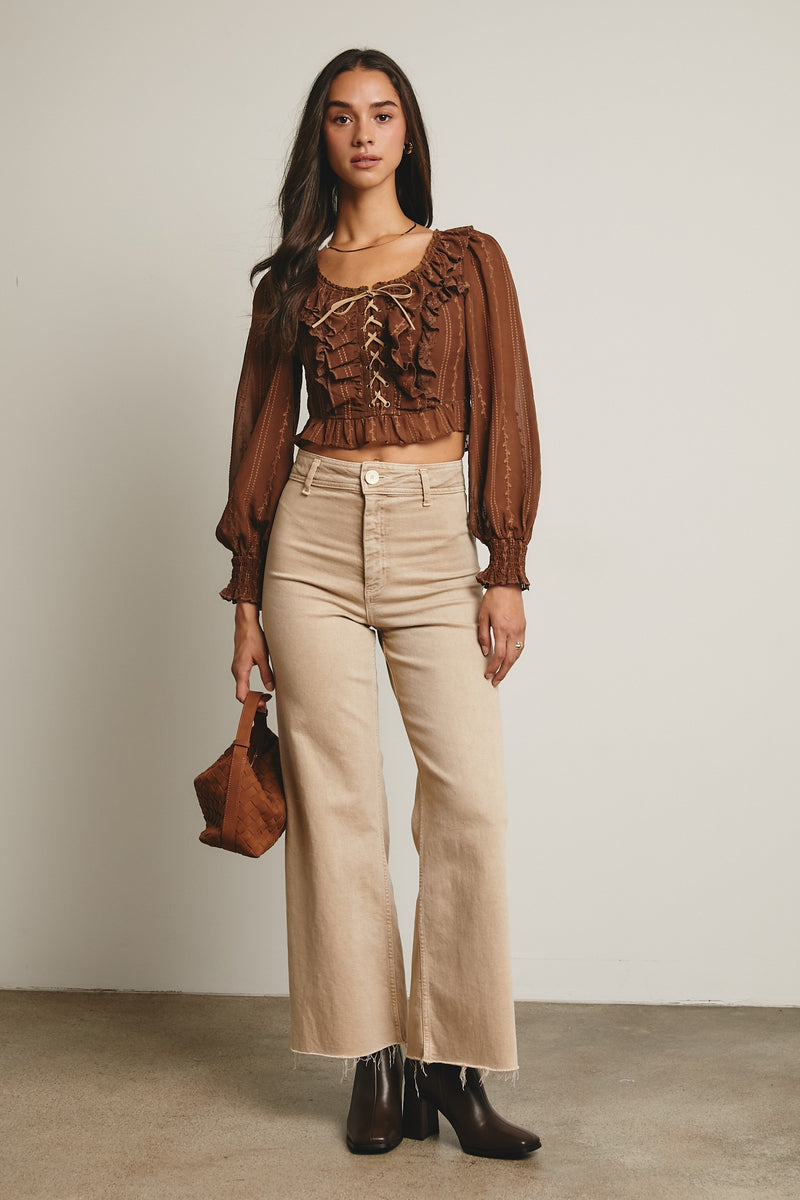 Lace Up Smocked Top in Mocha