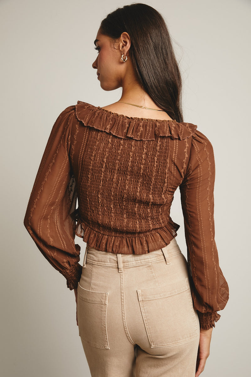 Lace Up Smocked Top in Mocha