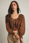 Lace Up Smocked Top in Mocha