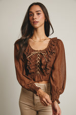 Lace Up Smocked Top in Mocha
