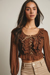 Lace Up Smocked Top in Mocha