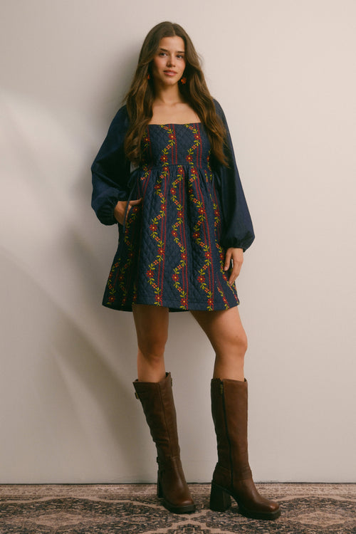 Denim Embroidered and Quilted Dress