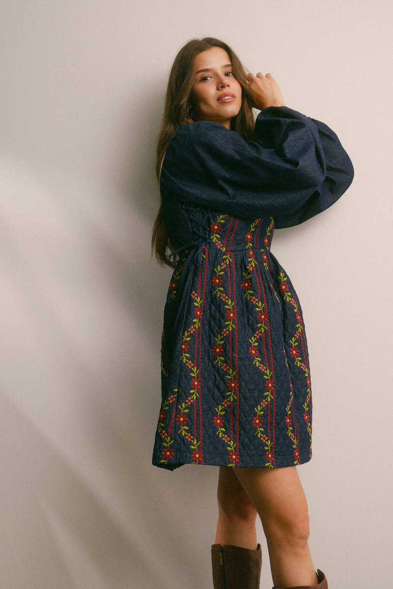 Denim Embroidered and Quilted Dress