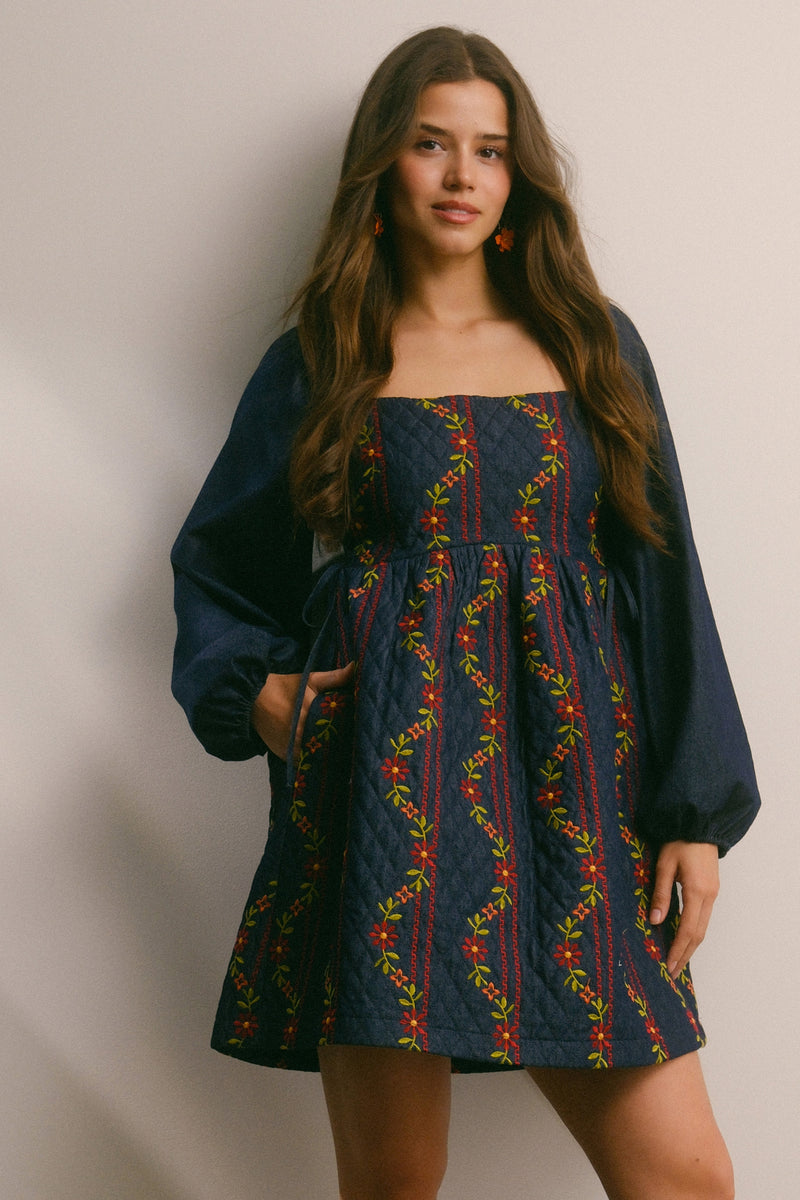 Denim Embroidered and Quilted Dress