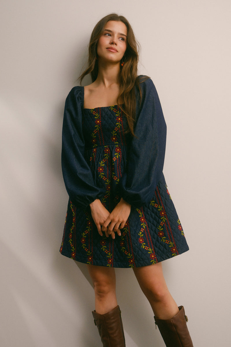 Denim Embroidered and Quilted Dress