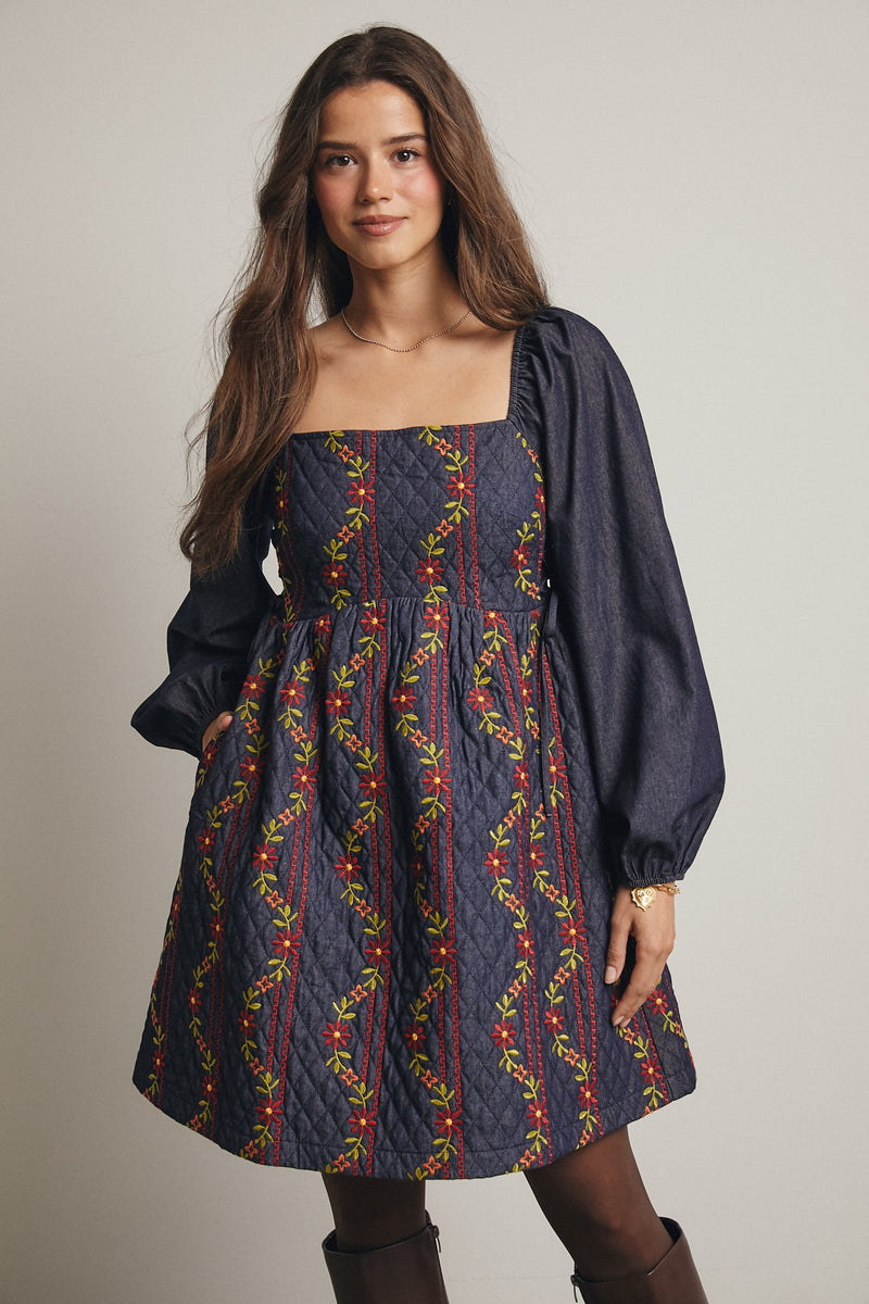 Denim Embroidered and Quilted Dress