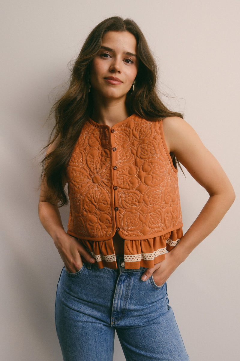 Terracotta Quilted Button Front Vest