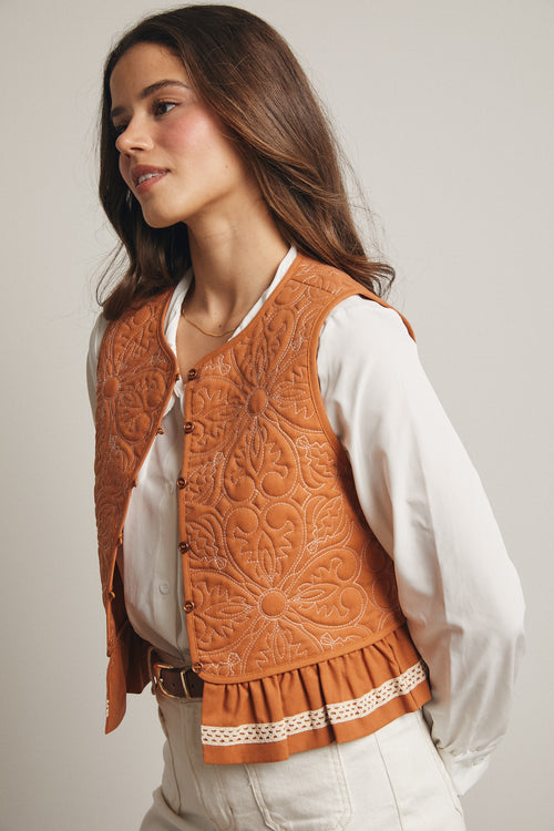Terracotta Quilted Button Front Vest