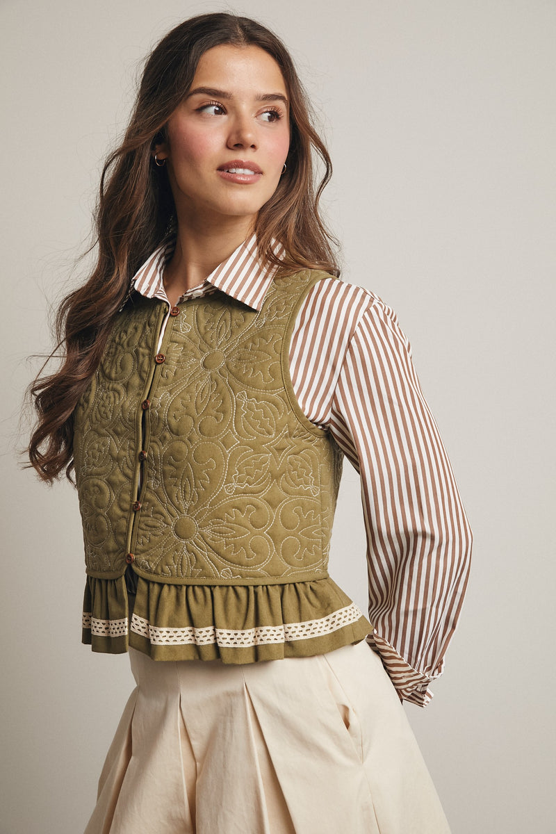 Olive Quilted Button Front Vest