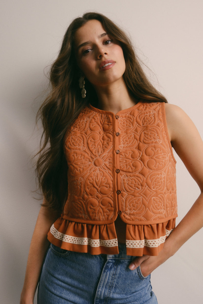 Terracotta Quilted Button Front Vest