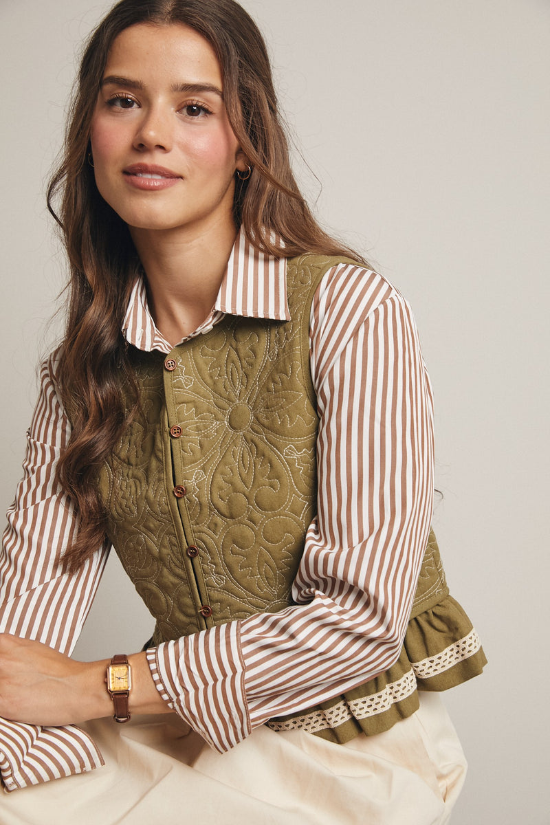 Olive Quilted Button Front Vest