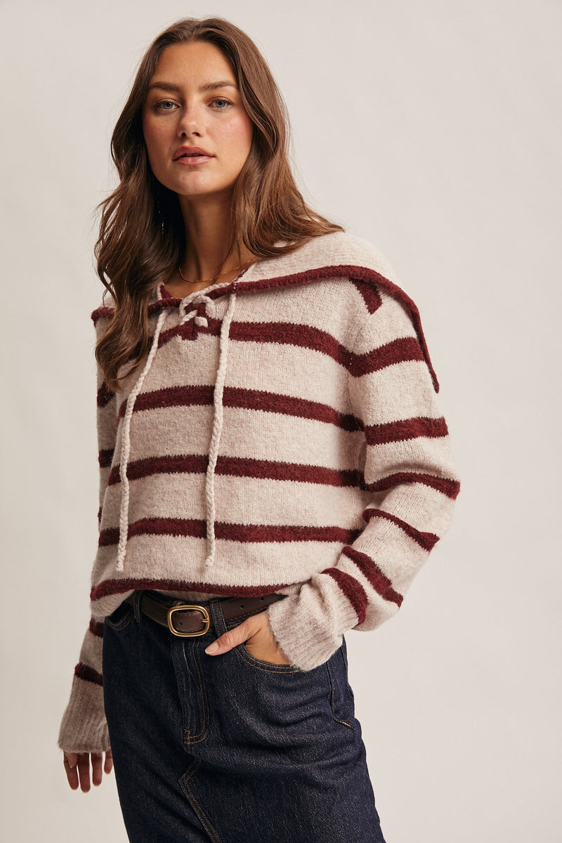 Burgundy Striped Sailor Collar Sweater