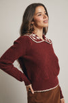 Burgundy Floral Crocheted Collar Sweater