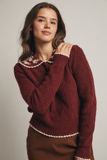 Burgundy Floral Crocheted Collar Sweater