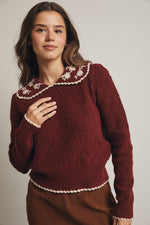 Burgundy Floral Crocheted Collar Sweater