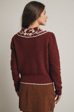 Burgundy Floral Crocheted Collar Sweater