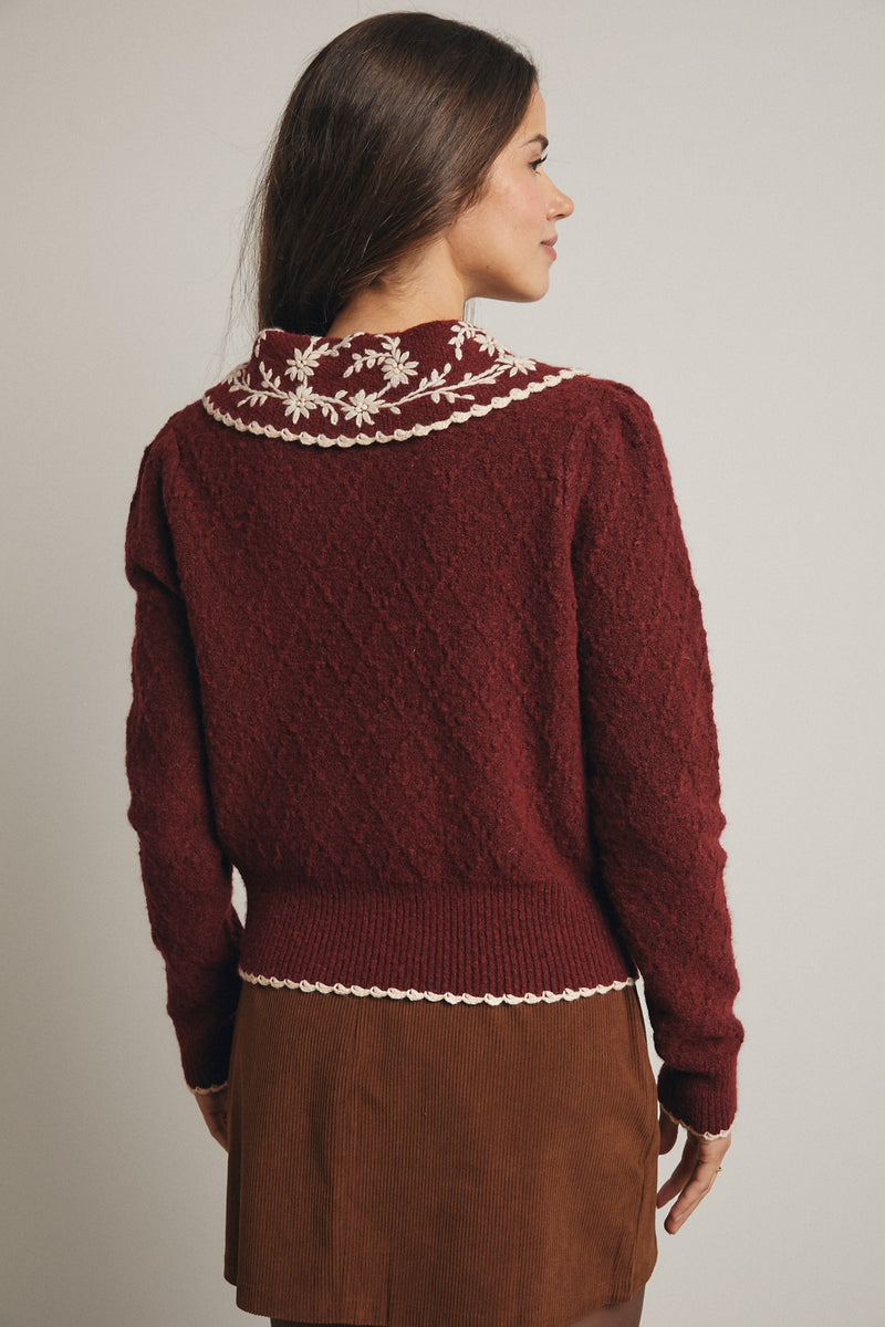 Burgundy Floral Crocheted Collar Sweater