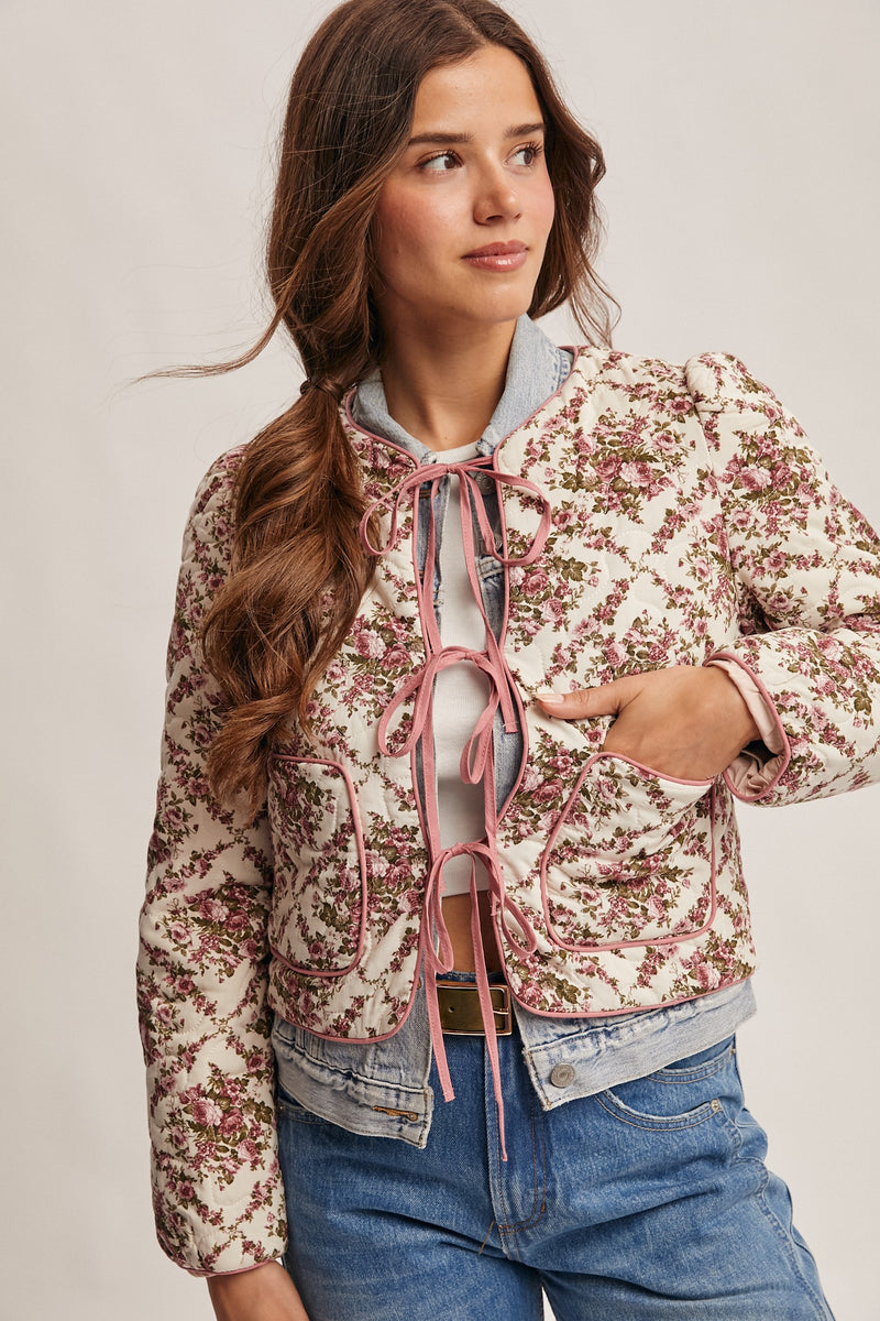 Rose Floral Quilted Jacket in Ivory
