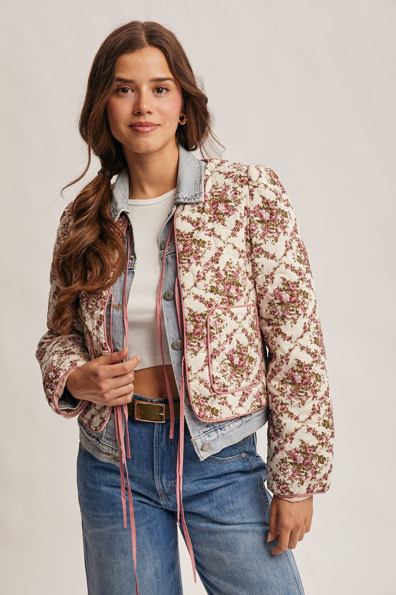 Rose Floral Quilted Jacket in Ivory