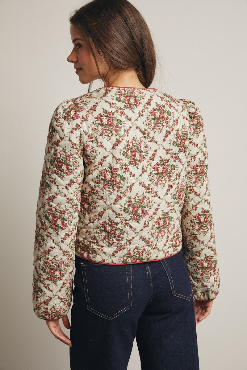 Rose Floral Quilted Jacket in Light Sage