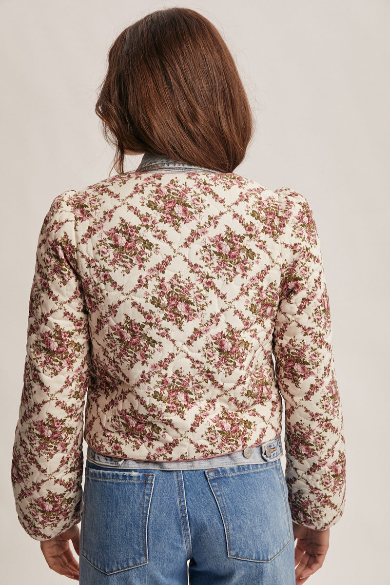 Rose Floral Quilted Jacket in Ivory