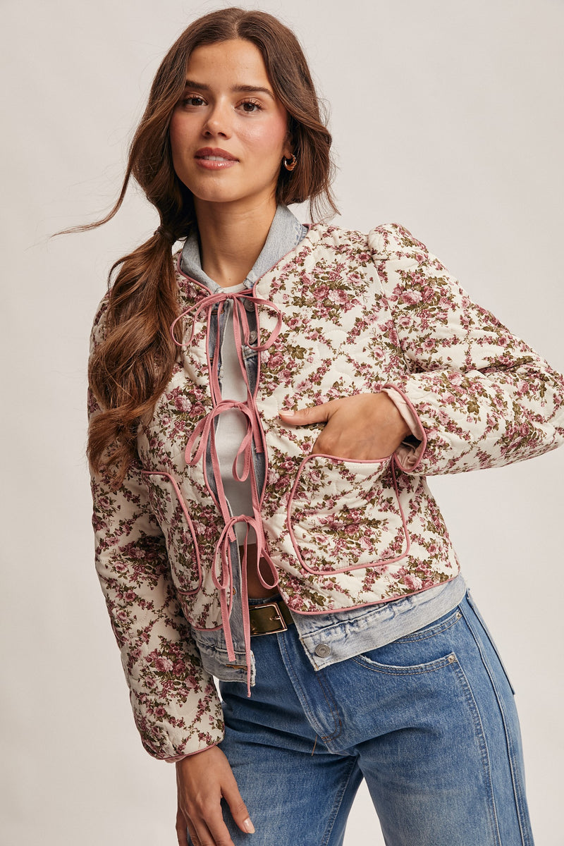 Rose Floral Quilted Jacket in Ivory